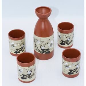 Vintage Japanese Cherry Blossom Hand Decorated Red Stoneware Sake Set - 5pc NEW